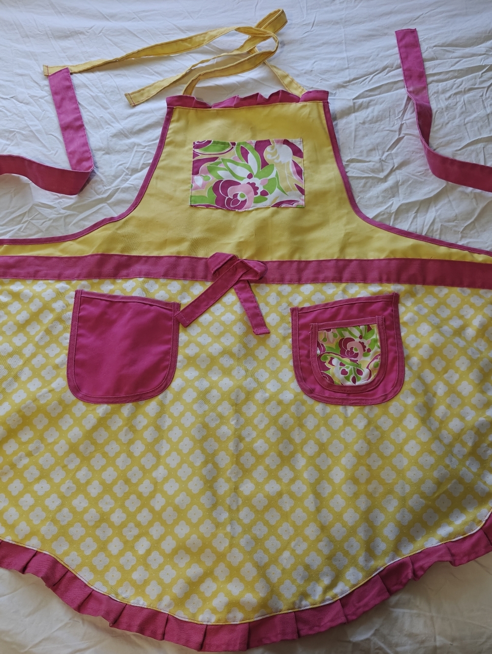 Ruffled Apron pink yellow flowers Macbeth Collection